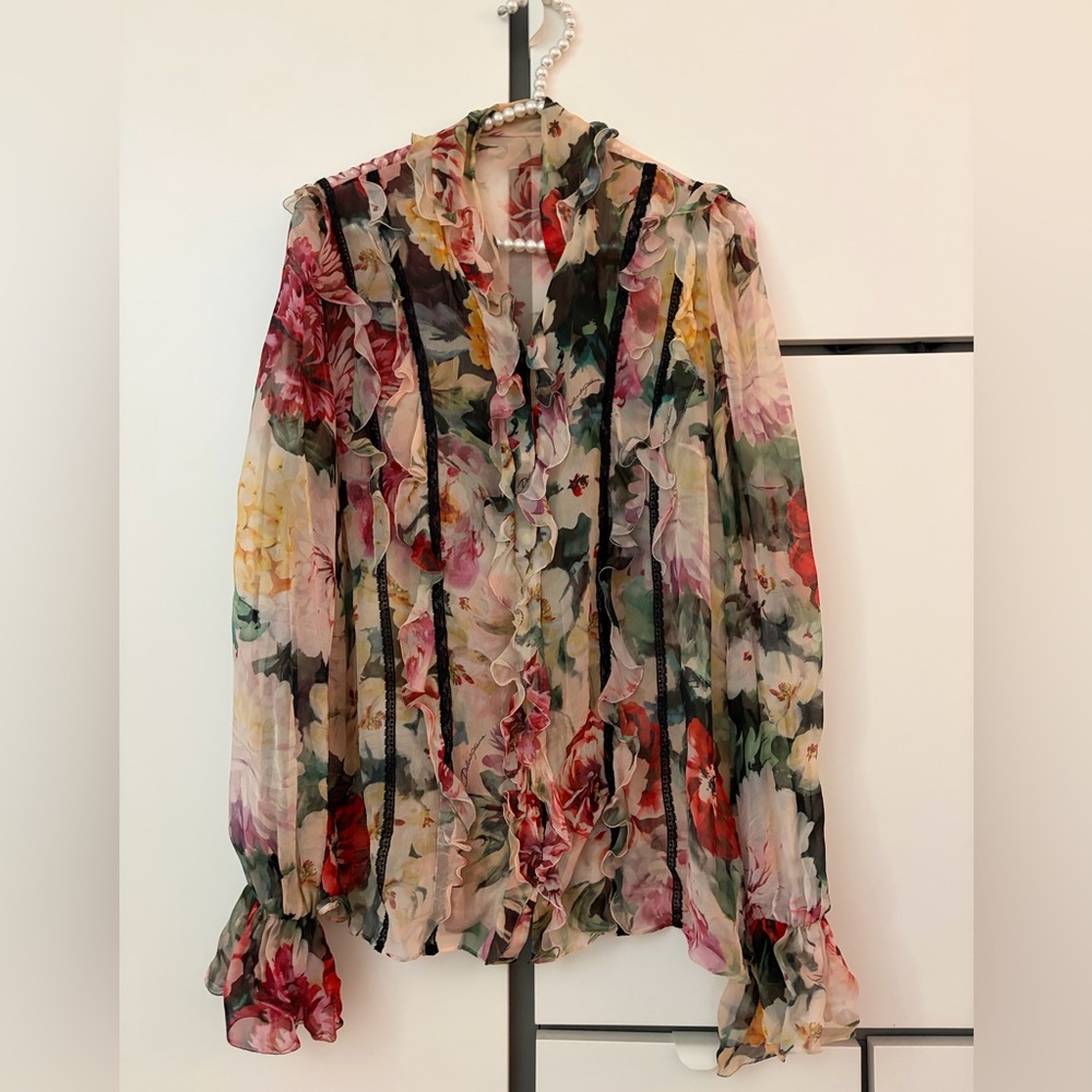 Dolce & Gabbana Floral Ruffle Sheer Blouse - Pink, Red, Green, Cream, Yellow
